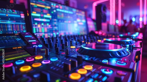 Closeup of a dynamic DJ booth, pulsing with neon lights and digital screens, capturing the essence of modern electronic music