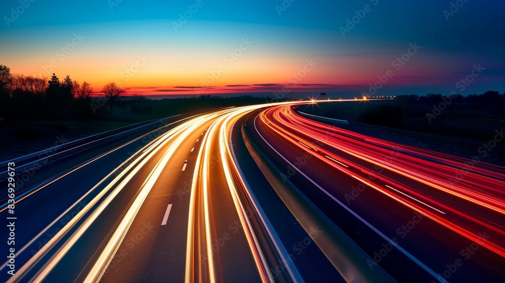 A long exposure shot of car taillights blurring into streaks of light on a highway. A long exposure shot of car taillights blurring into streaks of light on a highway.