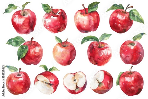 Hand-drawn Apple Harvest Collection. Watercolor Illustration of Organic Fruits in Nature