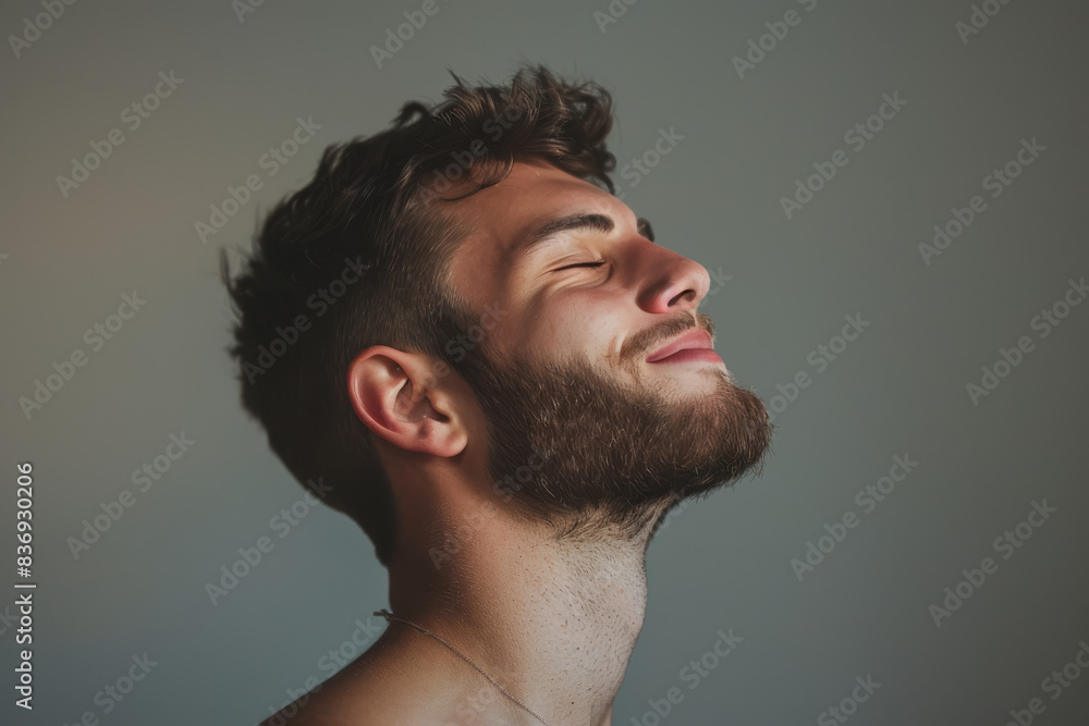 Fototapeta premium A close up of a man with beard and closed eyes looking to a side
