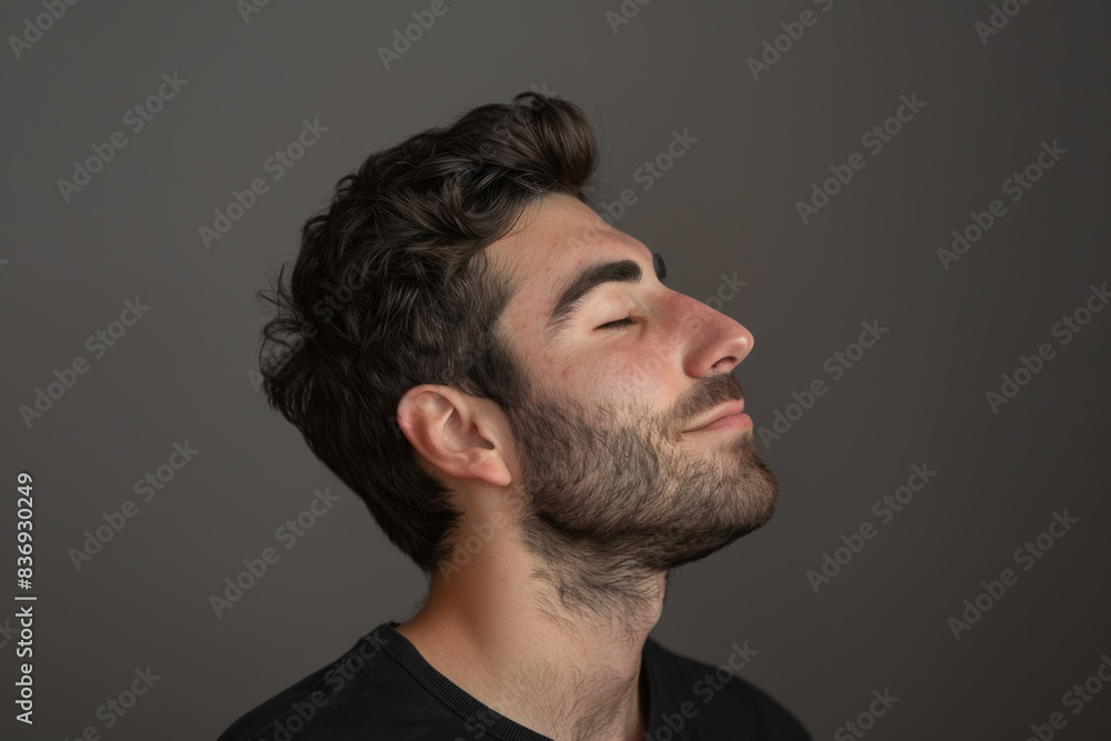 A close up of a man with beard and closed eyes looking to a side A close up of a man with beard and closed eyes looking to a side