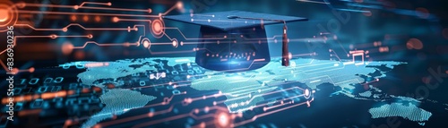 An expansive view of a digitally interactive graduation cap hovering over a digital world map, emphasizing technologys role in modern education