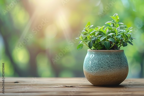 A wooden table with an orderly leafy fuzzy setting depicts a potted plant indoors with tiny green foliages that are immersed in morning rays and space, Generative AI. photo