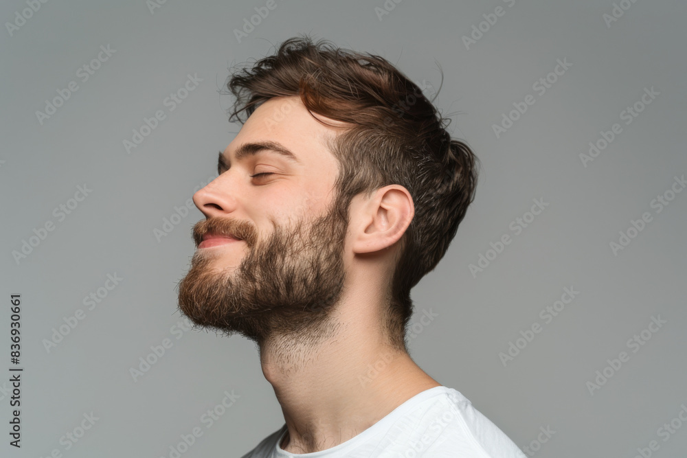 Obraz premium A close up of a man with beard and closed eyes looking to a side