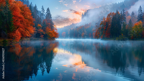 Scenic autumn landscape with colorful trees and a calm lake at sunset