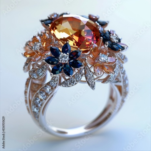 A large ring with an orange gemstone  surrounded by small white and blue diamonds in the shape of flowers on top  The background is white. Generative AI.