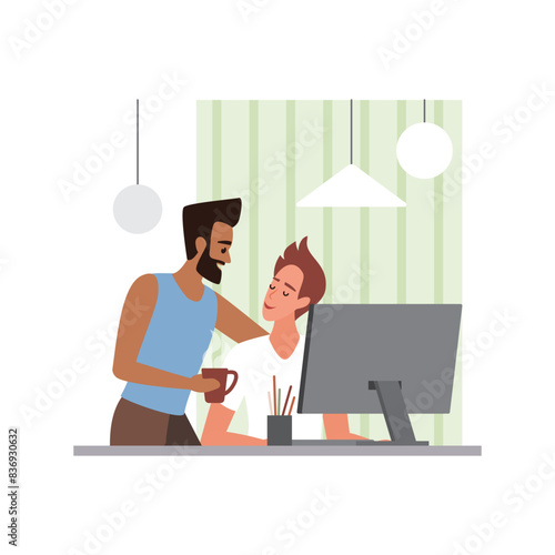 Happy LGBT gay family spending time together, boyfriend bringing coffee vector illustration