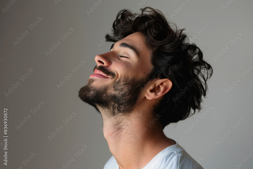 A close up of a man with beard and closed eyes looking to a side A close up of a man with beard and closed eyes looking to a side