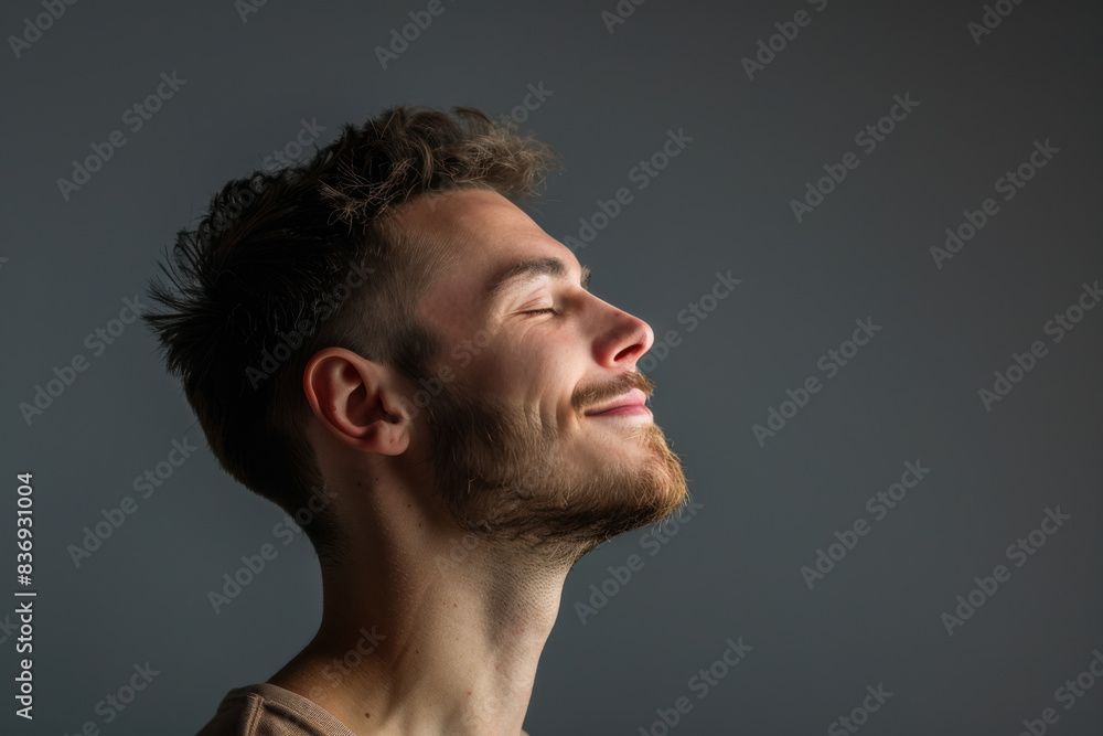 A close up of a man with beard and closed eyes looking to a side A close up of a man with beard and closed eyes looking to a side