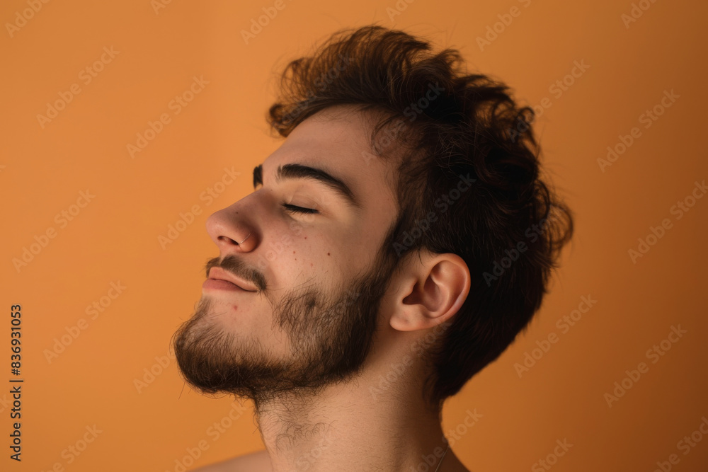 A close up of a man with beard and closed eyes looking to a side A close up of a man with beard and closed eyes looking to a side
