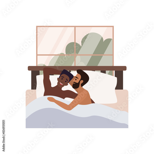 Happy LGBT gay couple lying together in big bed and talking with fun vector illustration