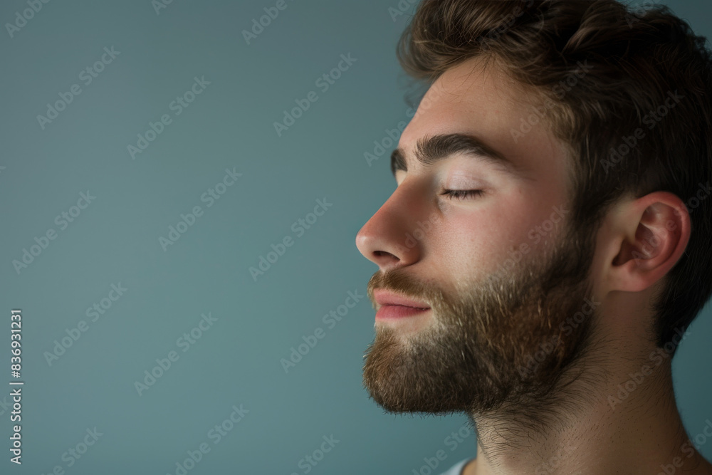 Fototapeta premium A close up of a man with beard and closed eyes looking to a side