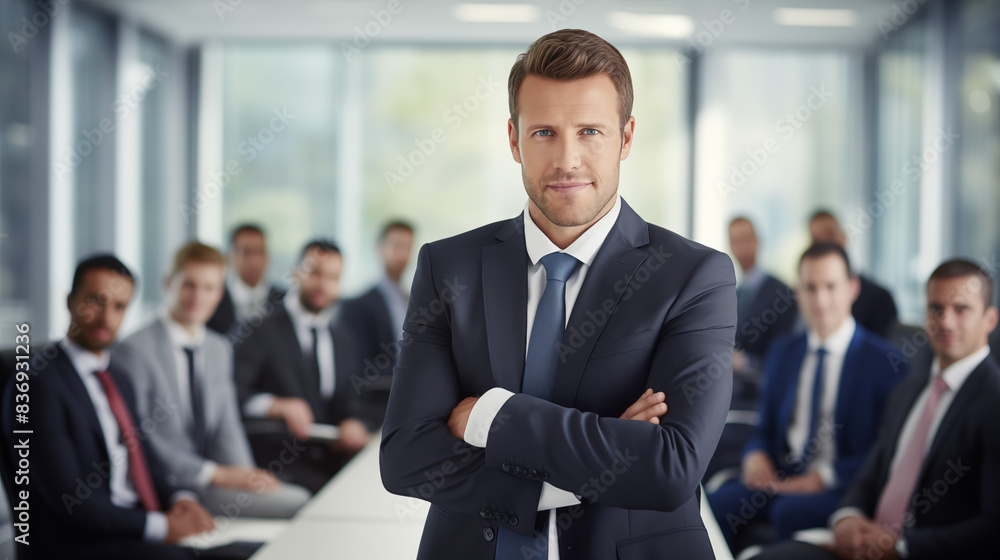 Confident Businessman Leading Team Collaboration in Modern Office Setting. AI Generative. Confident Businessman Leading Team Collaboration in Modern Office Setting. AI Generative.