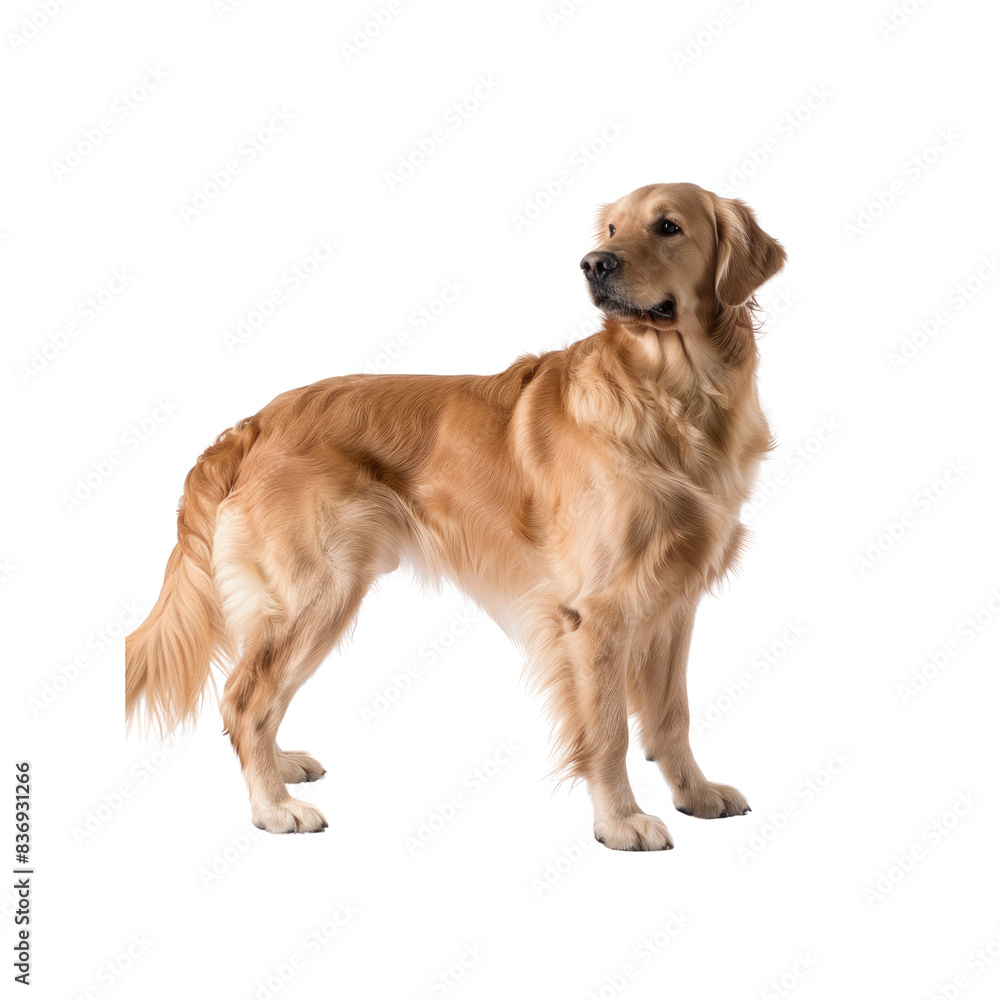 A Golden Retriever Dog Stands Proudly Against The Pristine White Background, Its Loyalty Unwavering Against The Blank Canvas A Golden Retriever Dog Stands Proudly Against The Pristine White Background, Its Loyalty Unwavering Against The Blank Canvas