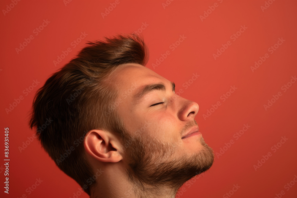 Obraz premium A close up of a man with beard and closed eyes looking to a side
