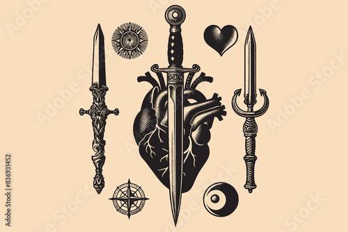 daggers and the heart. Mystical sacrifice symbols. Isoteric, occult, magical vector illustration. vintage black engraving, emblem, logo. tattoo sketch, print