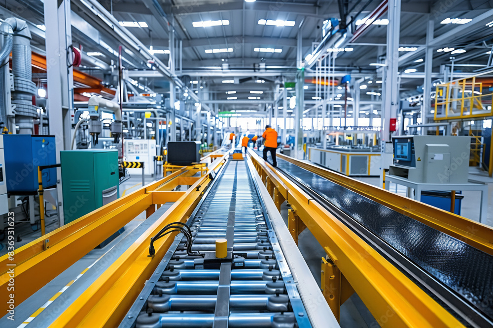 A modern, eco-friendly production line in a busy manufacturing facility with workers in the background. Emphasizes sustainability and industrial efficiency. Shallow depth of field A modern, eco-friendly production line in a busy manufacturing facility with workers in the background. Emphasizes sustainability and industrial efficiency. Shallow depth of field