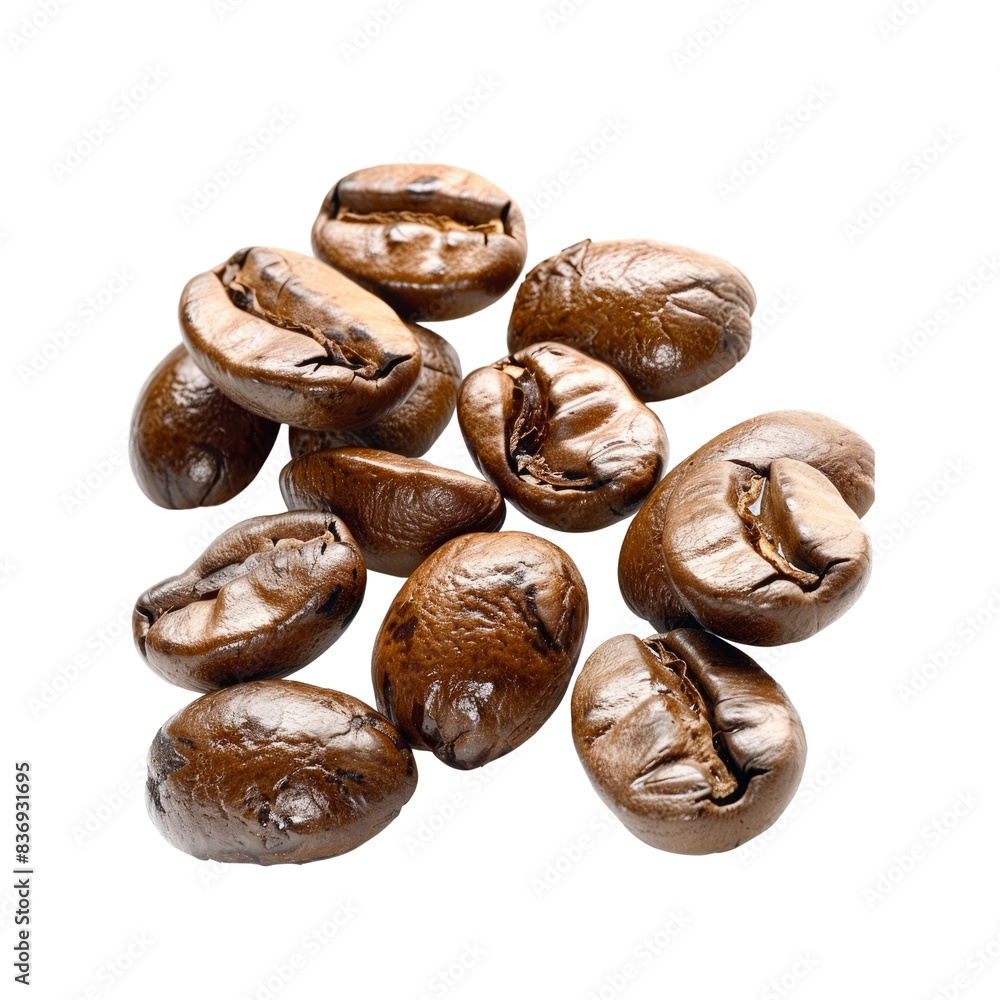 A Group Of Coffee Beans, Isolated On A White Background, Ready To Energize Your Day A Group Of Coffee Beans, Isolated On A White Background, Ready To Energize Your Day