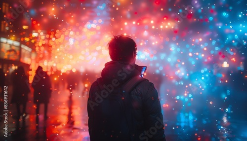 A person stands in a vibrant, colorful cityscape at night with blurred lights and silhouettes, capturing the urban nightlife atmosphere.