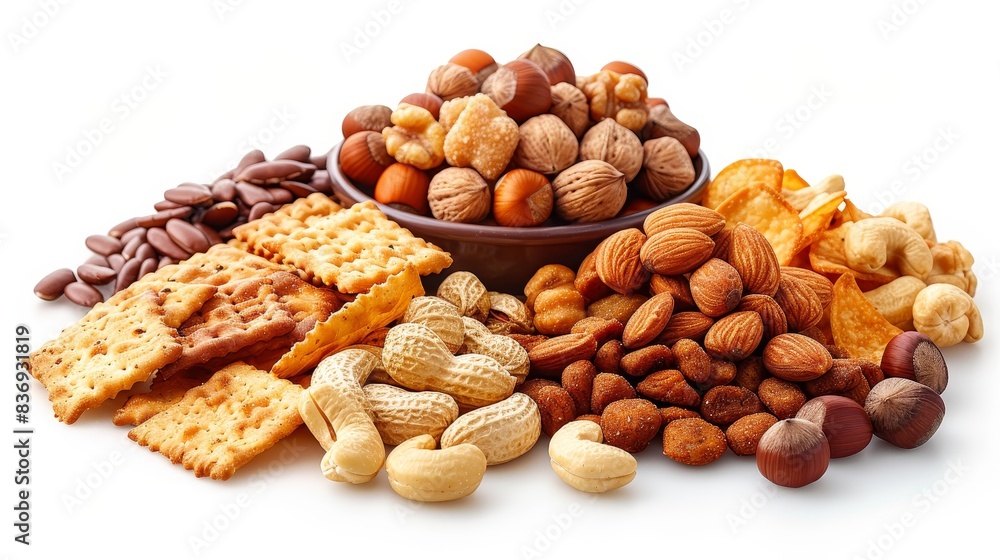 Snacks A heap of nuts, potato chips, and crackers Snacks A heap of nuts, potato chips, and crackers