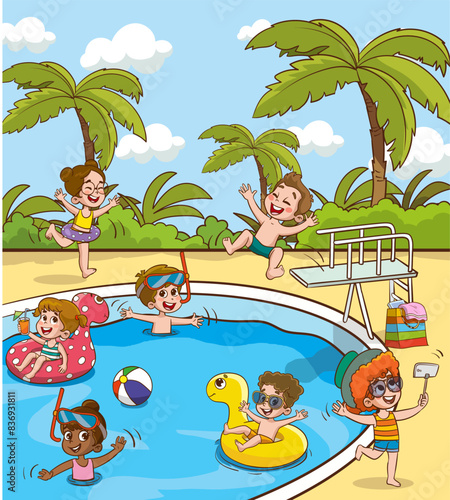 Children in aqua park swimming pool having fun.Summer Outdoor Activity Concept Cartoon Vector Illustration