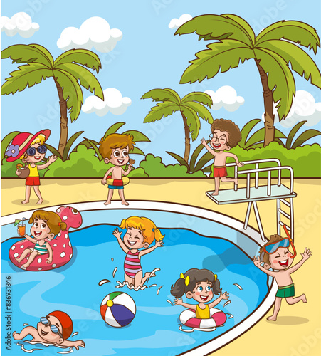 Children in aqua park swimming pool having fun.Summer Outdoor Activity Concept Cartoon Vector Illustration