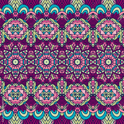 Vector seamless pattern ethnic tribal floral psychedelic colorful fabric print. Ethnic brihgt mandala ornaments with hearts photo