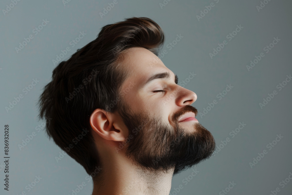Fototapeta premium A close up of a man with beard and closed eyes looking to a side