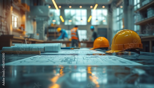 Construction site with engineers and architects planning. Focus on helmet and blueprints. Bright, modern workspace for construction projects. photo
