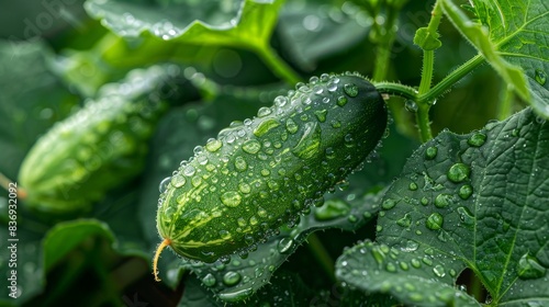 Lucky cucumbers with dewdrops  macro photography  closeup on green leaves  water droplets