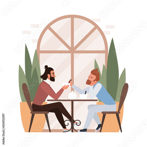 Happy LGBT gay couple sitting together in cafe at table, guys on date vector illustration