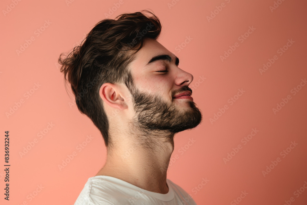 A close up of a man with beard and closed eyes looking to a side A close up of a man with beard and closed eyes looking to a side