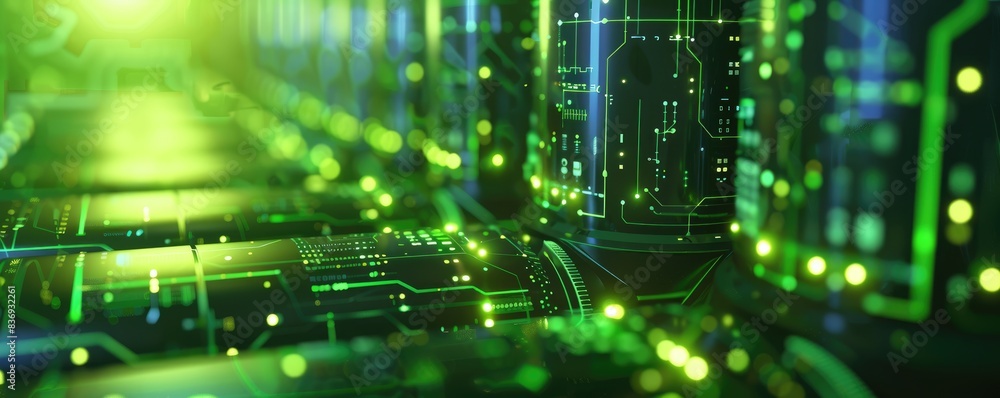 Illuminated green circuit board technology close-up view Illuminated green circuit board technology close-up view