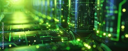 Illuminated green circuit board technology close-up view