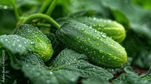 Lucky cucumbers with dewdrops  macro photography  closeup on green leaves  water droplets