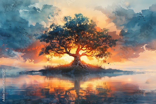 Stunning digital artwork of a solitary tree at sunset, surrounded by water, with vibrant sky reflections and dramatic clouds.