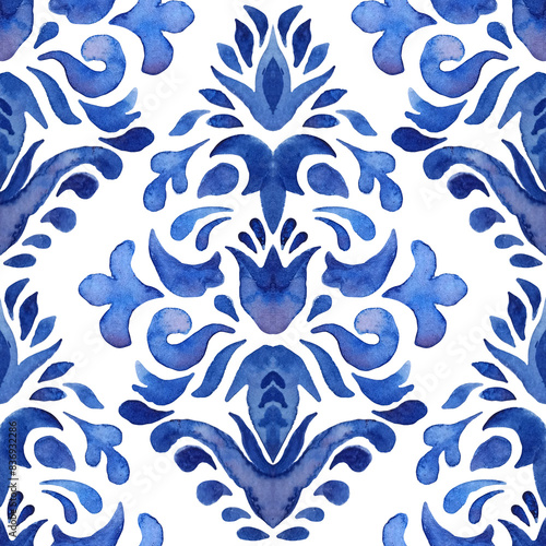 Watercolor blue damask hand drawn floral design. Seamless mediterranean pattern, tiling ornament. Persian abstract flower background.