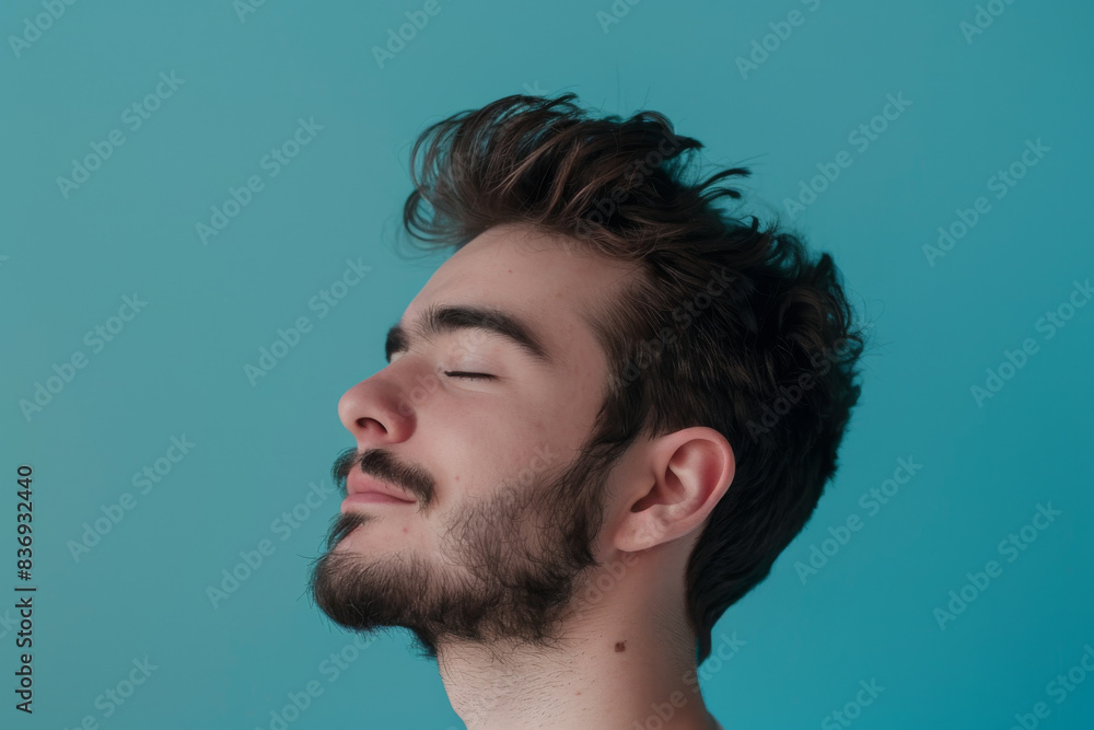 Fototapeta premium A close up of a man with beard and closed eyes looking to a side