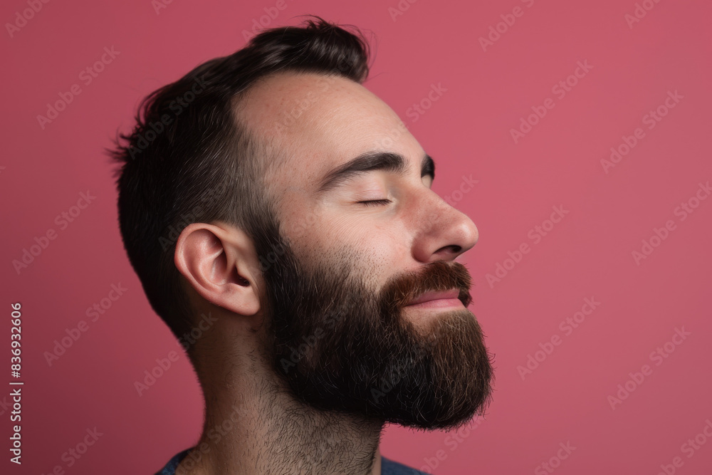 Obraz premium A close up of a man with beard and closed eyes looking to a side