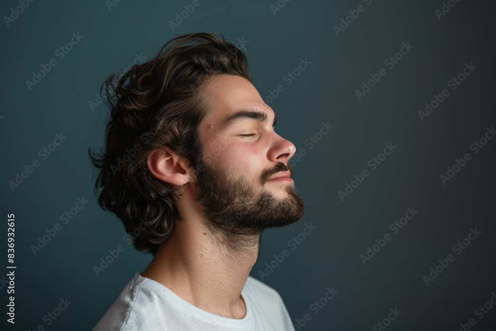 A close up of a man with beard and closed eyes looking to a side A close up of a man with beard and closed eyes looking to a side