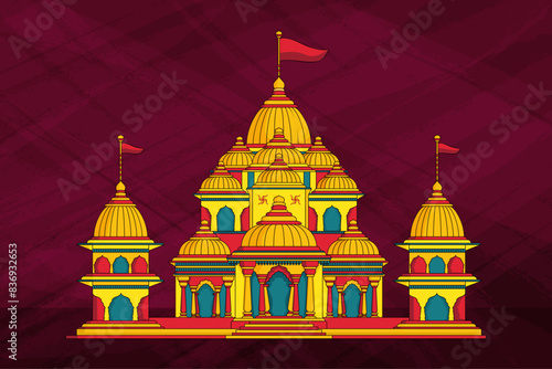 Traditional Hindu Temple with red flag isolated. North Indian style Hindu temple
