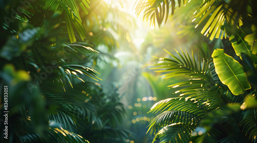 Summer evening in a European forest with light filtering through the leaves