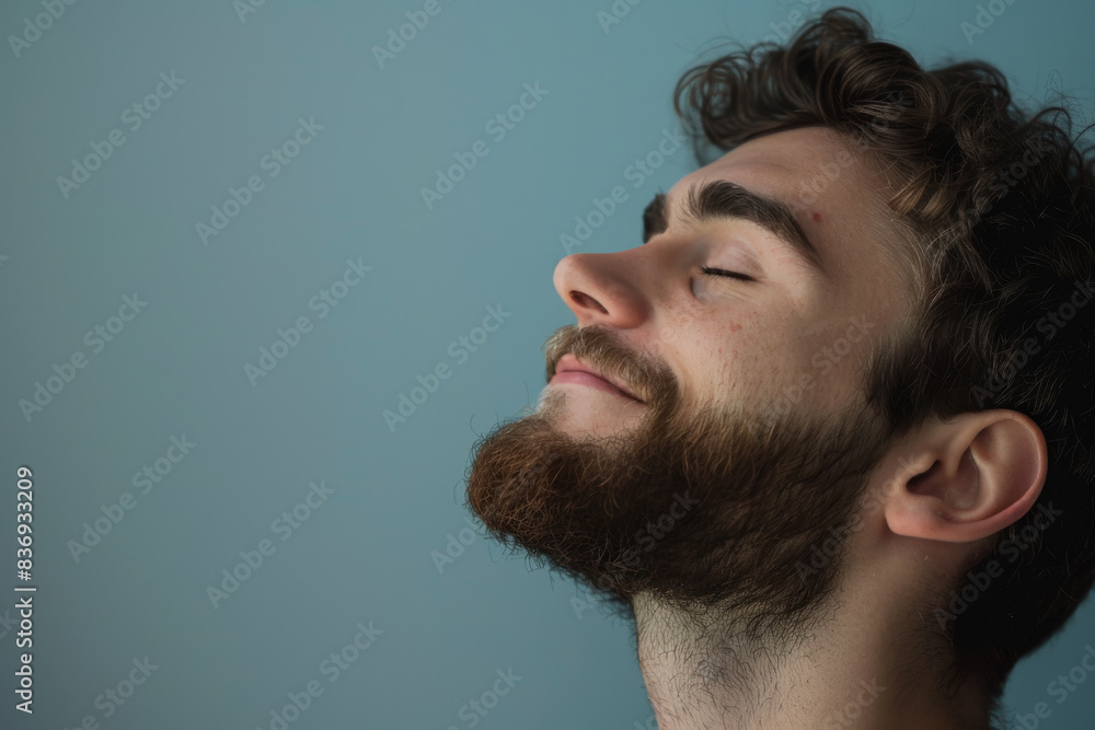 A close up of a man with beard and closed eyes looking to a side A close up of a man with beard and closed eyes looking to a side