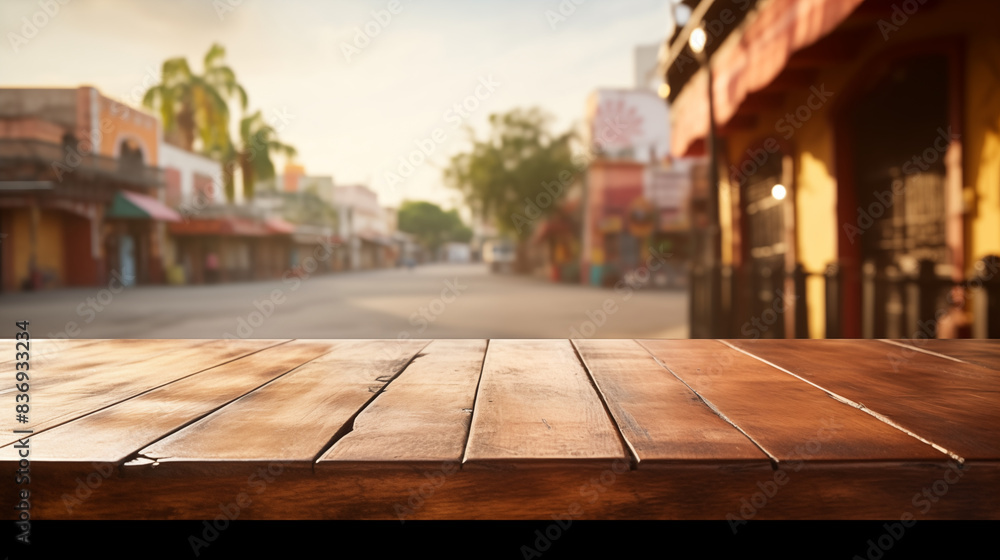 wooden table top with outdoor background, space for design wooden table top with outdoor background, space for design