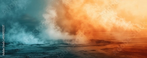 Striking landscape with blue ice and warm fiery tones, evoking duality