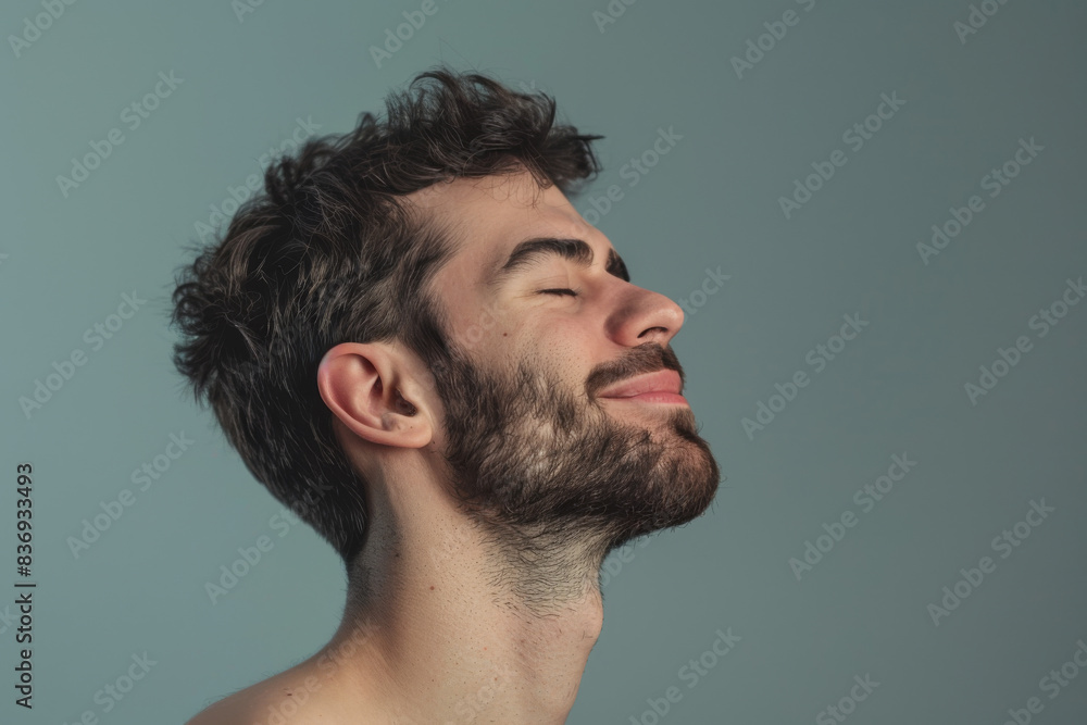 Fototapeta premium A close up of a man with beard and closed eyes looking to a side