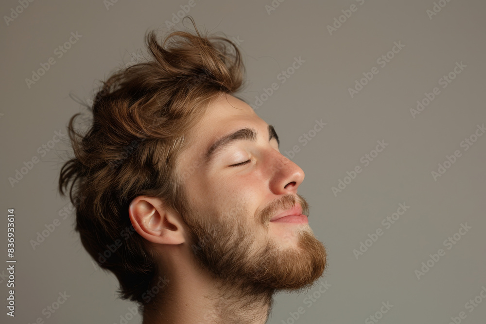 A close up of a man with beard and closed eyes looking to a side A close up of a man with beard and closed eyes looking to a side