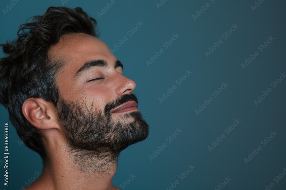 Fototapeta premium A close up of a man with beard and closed eyes looking to a side
