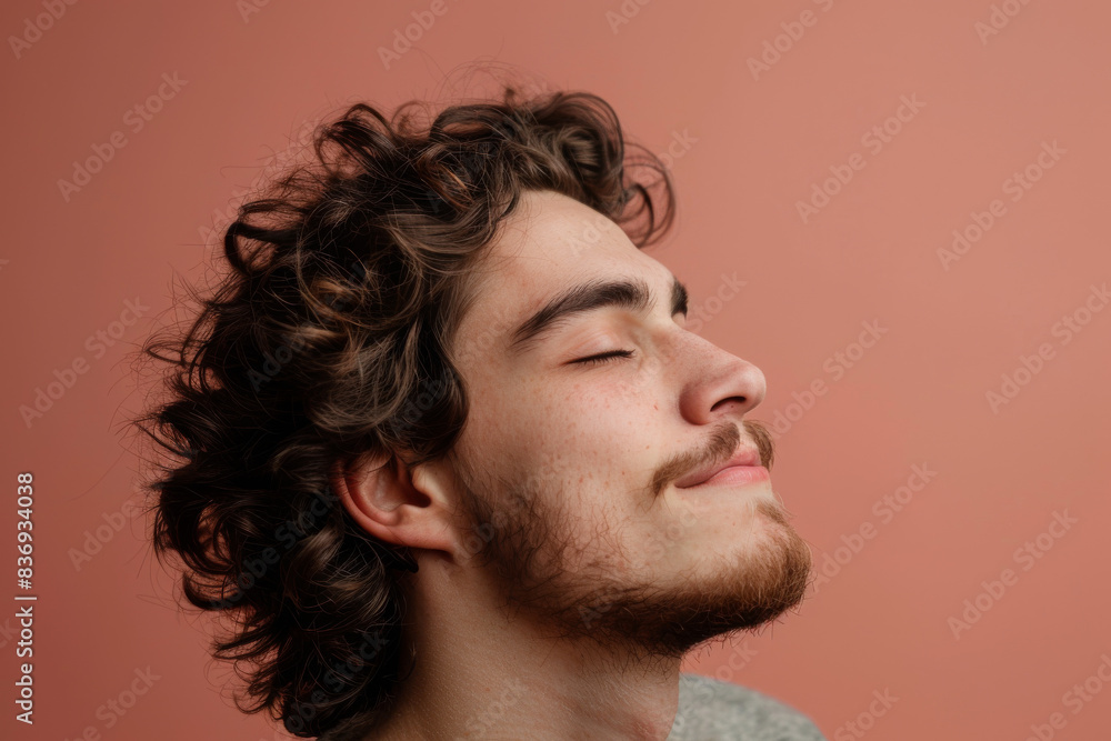 A close up of a man with beard and closed eyes looking to a side A close up of a man with beard and closed eyes looking to a side