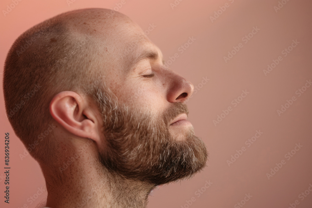 A close up of a man with beard and closed eyes looking to a side A close up of a man with beard and closed eyes looking to a side